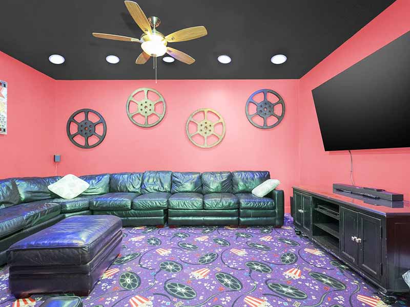 Theatre room of a vacation rental home for a kid friendly blog