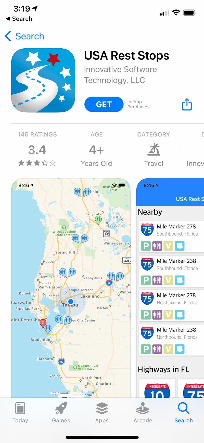 Screenshot of USA Rest Stops, a family travel app that helps users find the closest rest stops along their route. 