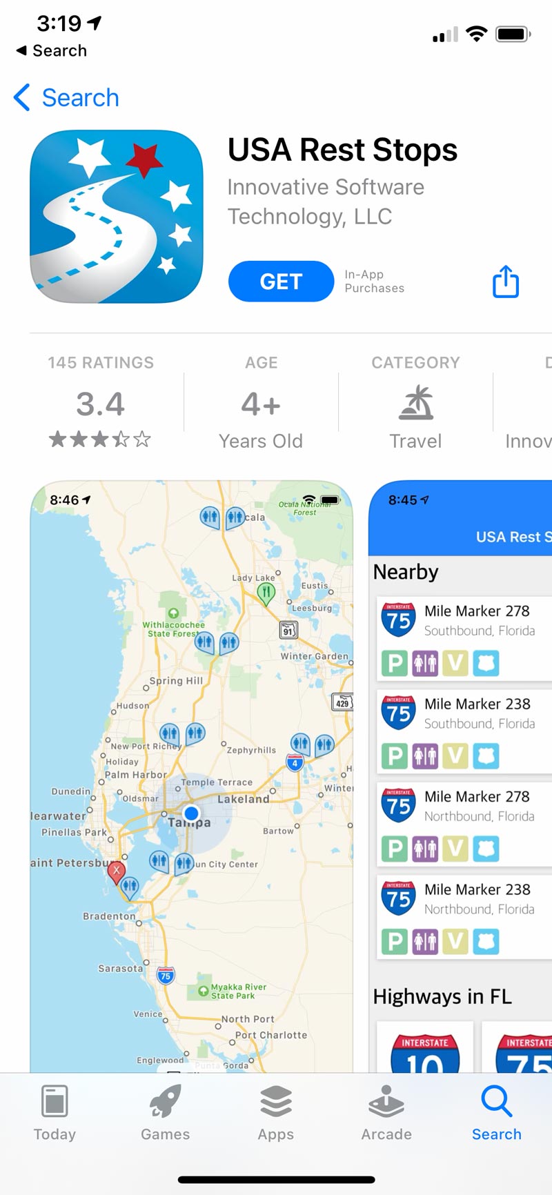 Screenshot of USA Rest Stops, a family travel app that helps users find the closest rest stops along their route.