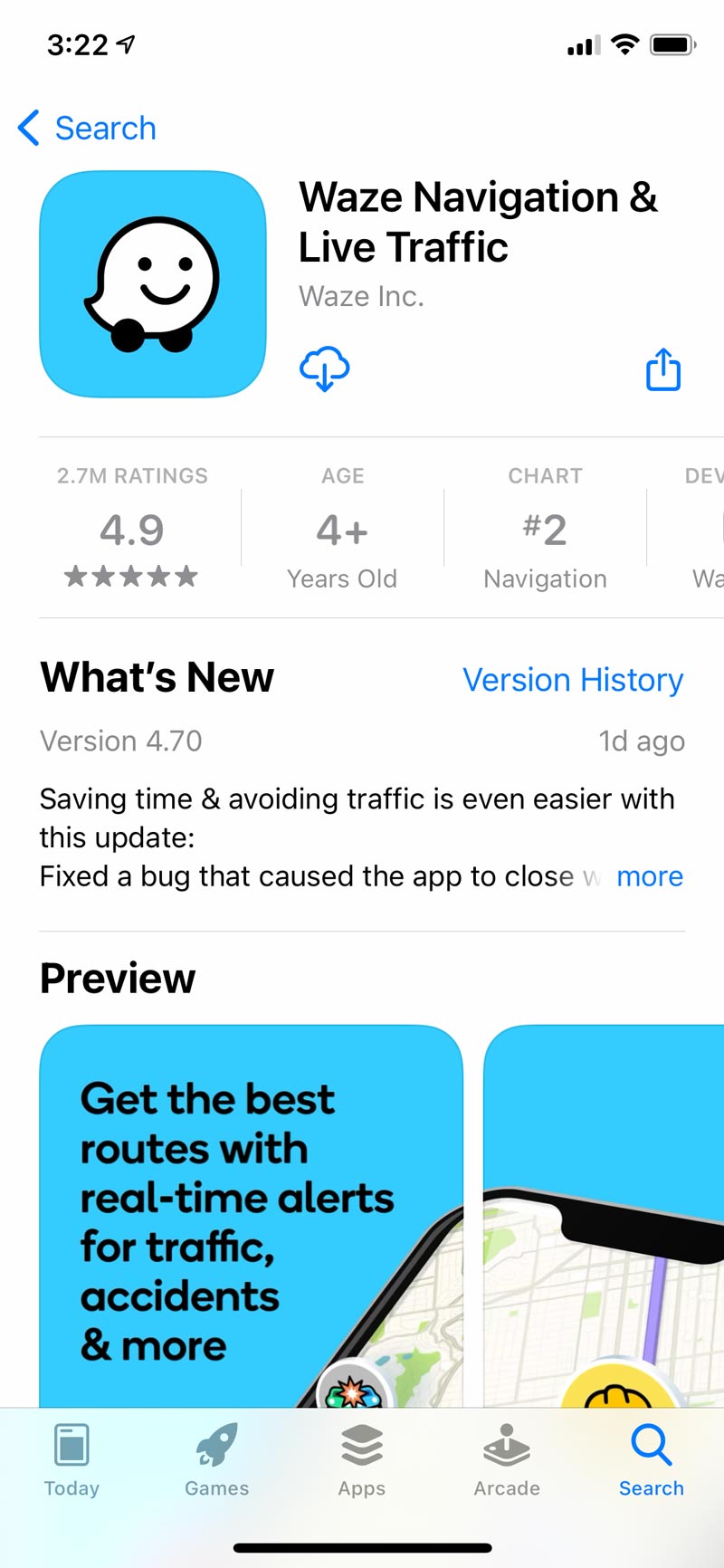 Screenshot of Waze, a family travel app that gives traffic updates, accidents, road closures, and more. 