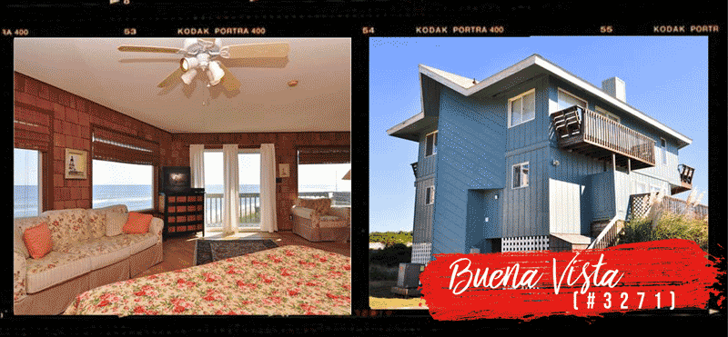 Polaroid style photos of the interior and exterior of an Oceanfront Outer Banks vacation home located in Duck, NC
