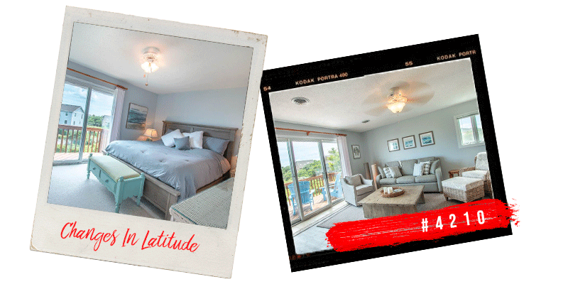 Film style photos of the interior of a beachy Outer Banks vacation condo in the town of Duck, NC