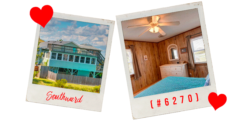 Polaroid style photos of the bedroom and exterior of an Outer Banks vacation condo located in South Nags Head