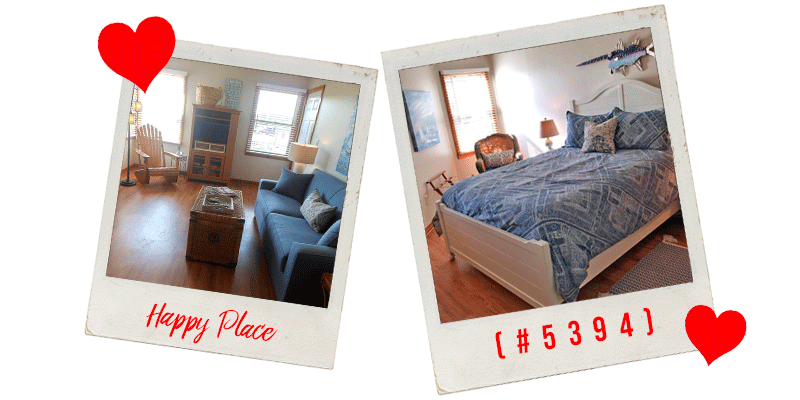 Polaroid style photos of the blue beach style interior of an Outer Banks vacation home located in Kill Devil Hills, NC