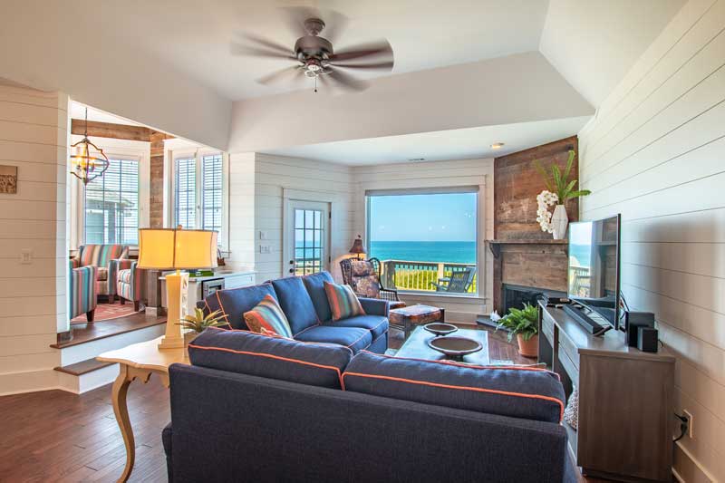 Beach inspired interior of an Outer Banks vacation home is what guests expect during their stay. 